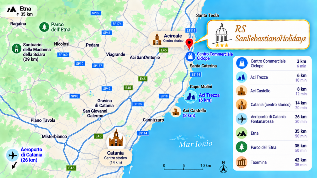 Mappa della posizione del B&B San Sebastiano Holidays nel centro storico di Acireale, vicino a Catania, Taormina e all' Etna.